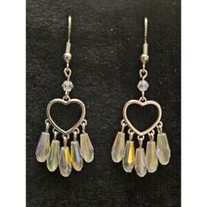 Antique silver heart and clear iridescent glass crystal chandelier earrings